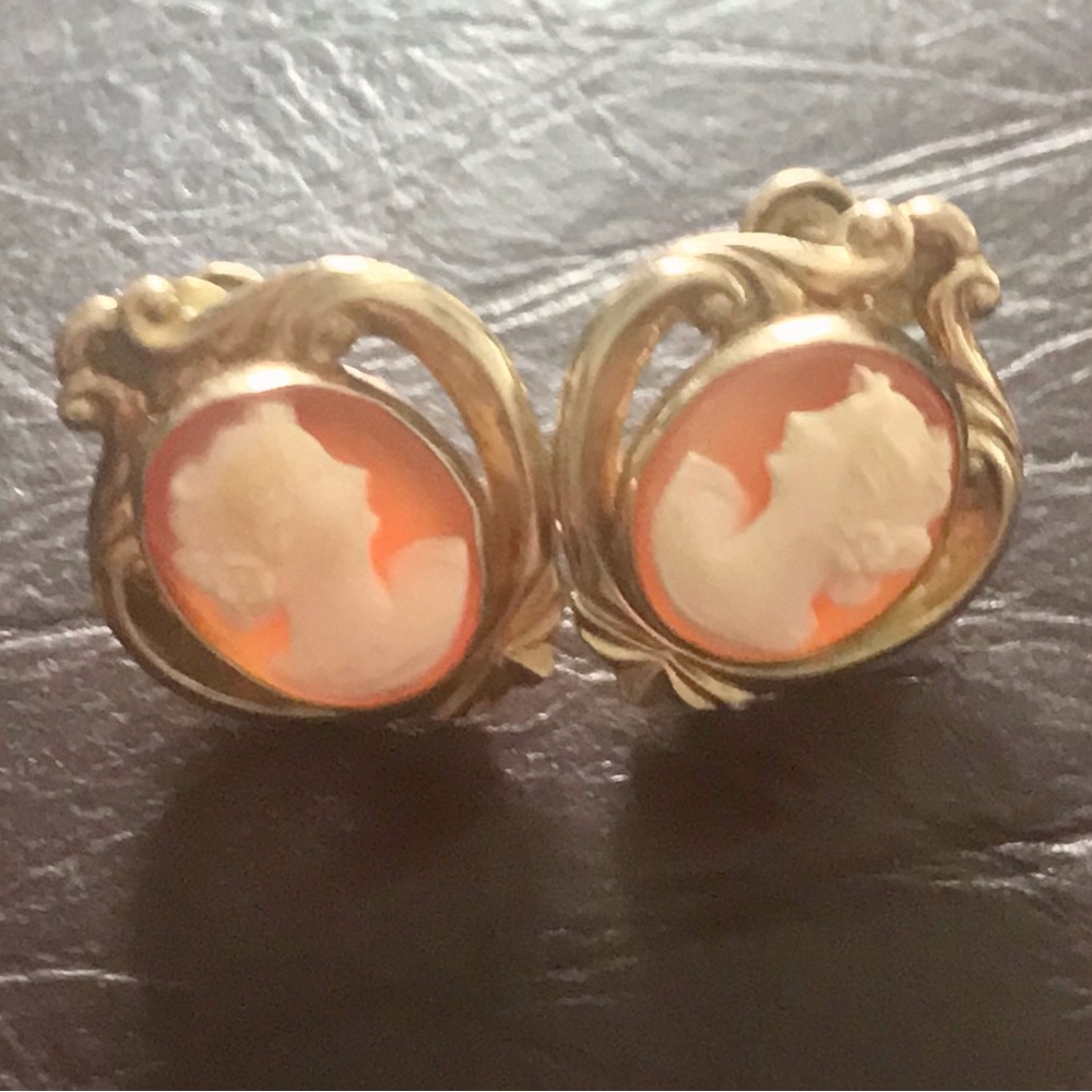 Gold and Orange Cameo Earrings with Vintage Design